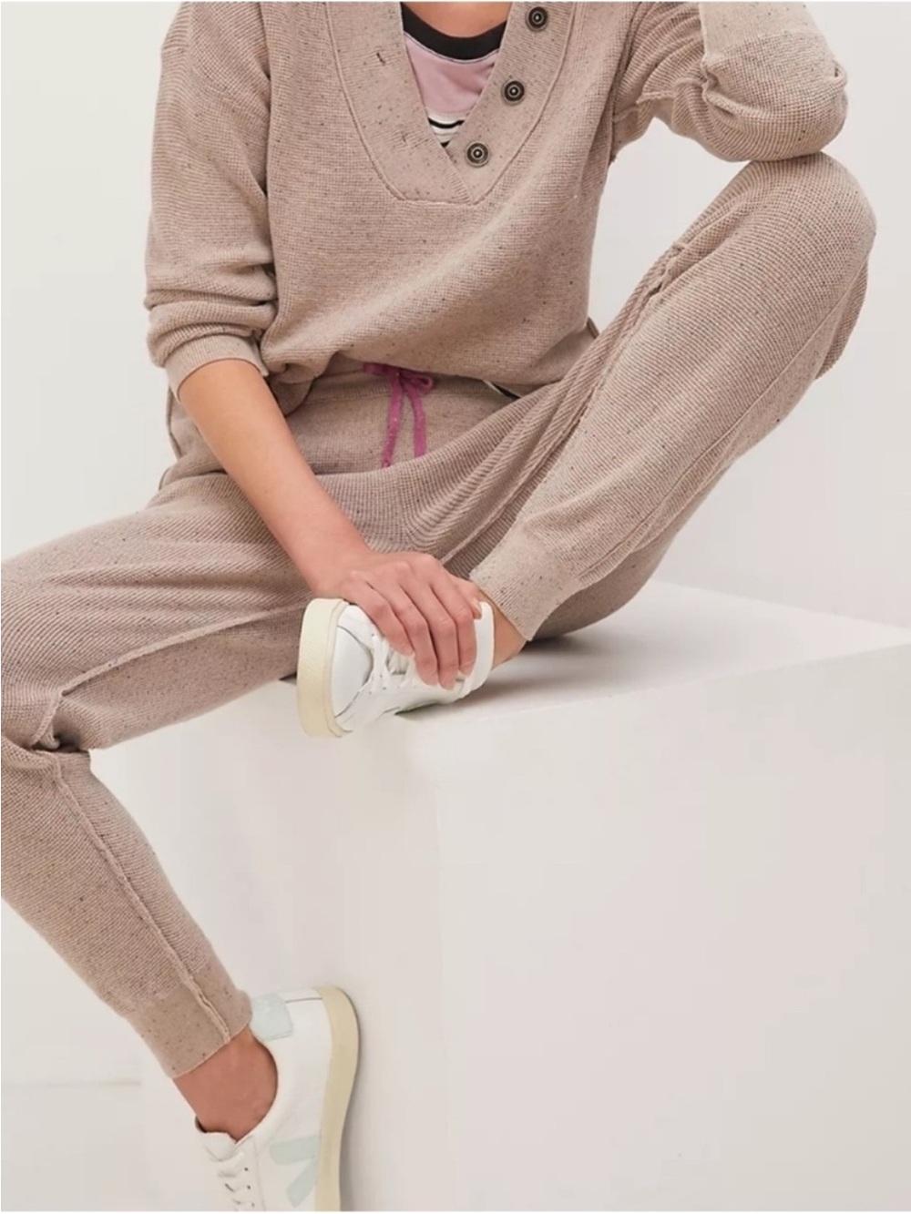 Anthropologie Daily Practice Waffle Knit Lounge Jogger Pants Oatmeal Speckled 3X